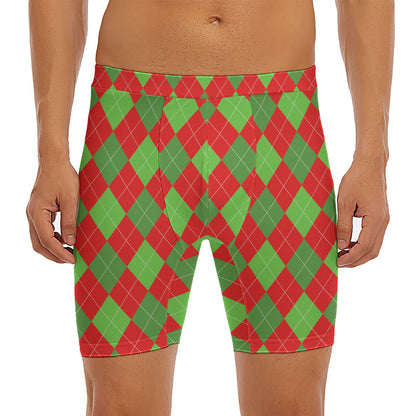 Green And Red Argyle Pattern Print Men's Long Boxer Briefs