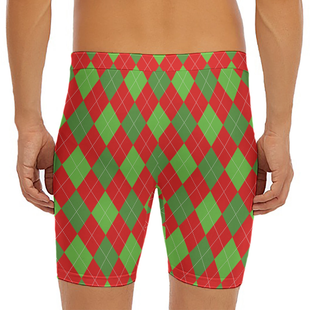 Green And Red Argyle Pattern Print Men's Long Boxer Briefs