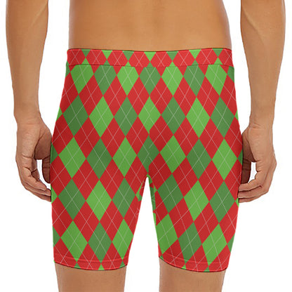 Green And Red Argyle Pattern Print Men's Long Boxer Briefs