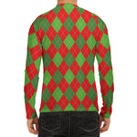 Green And Red Argyle Pattern Print Men's Long Sleeve Rash Guard