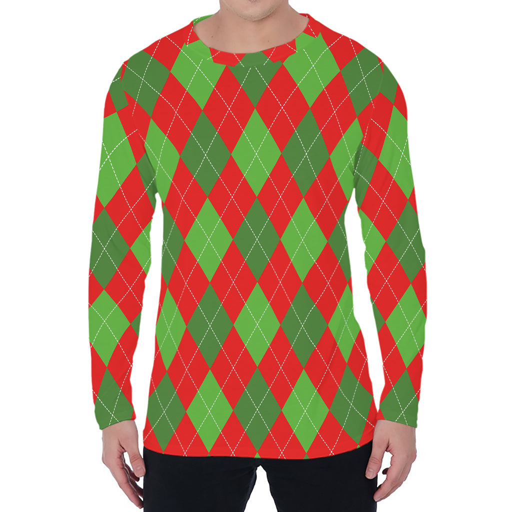 Green And Red Argyle Pattern Print Men's Long Sleeve T-Shirt