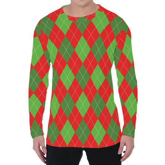 Green And Red Argyle Pattern Print Men's Long Sleeve T-Shirt
