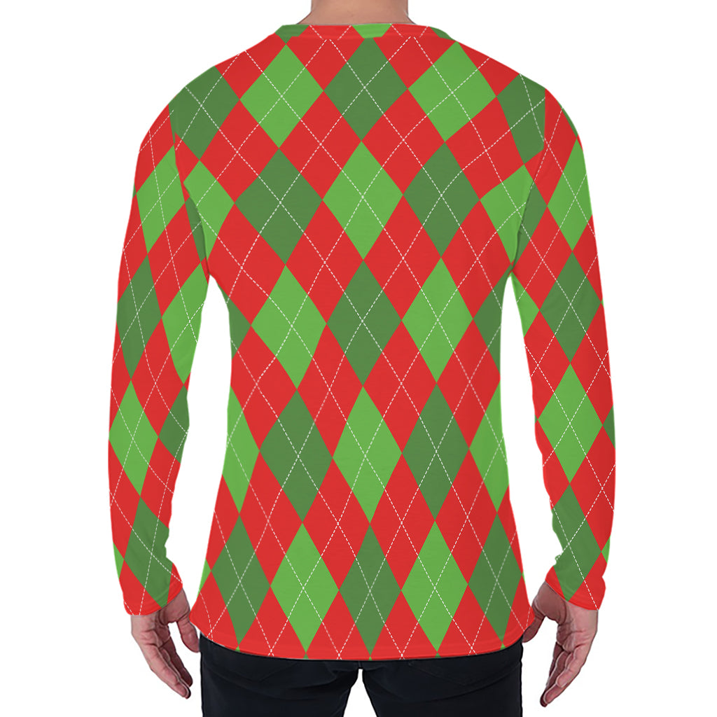 Green And Red Argyle Pattern Print Men's Long Sleeve T-Shirt