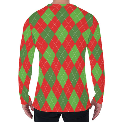 Green And Red Argyle Pattern Print Men's Long Sleeve T-Shirt