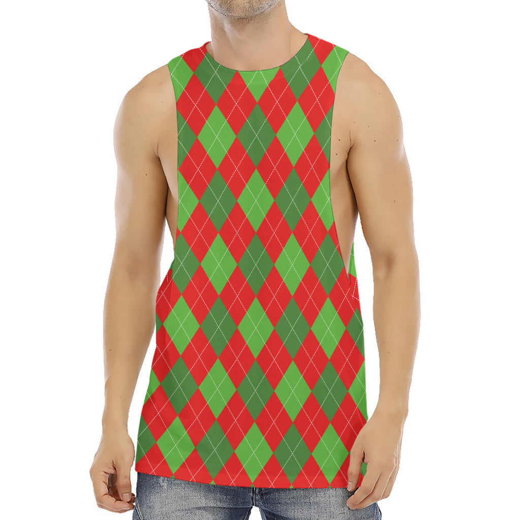 Green And Red Argyle Pattern Print Men's Muscle Tank Top