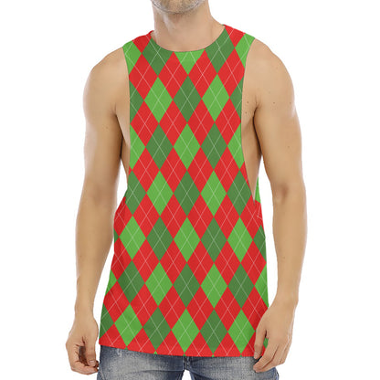 Green And Red Argyle Pattern Print Men's Muscle Tank Top