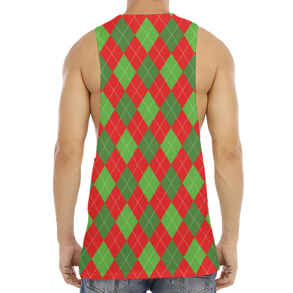 Green And Red Argyle Pattern Print Men's Muscle Tank Top