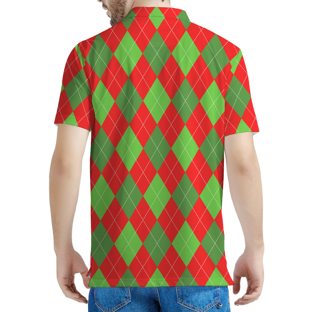 Green And Red Argyle Pattern Print Men's Polo Shirt