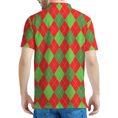 Green And Red Argyle Pattern Print Men's Polo Shirt