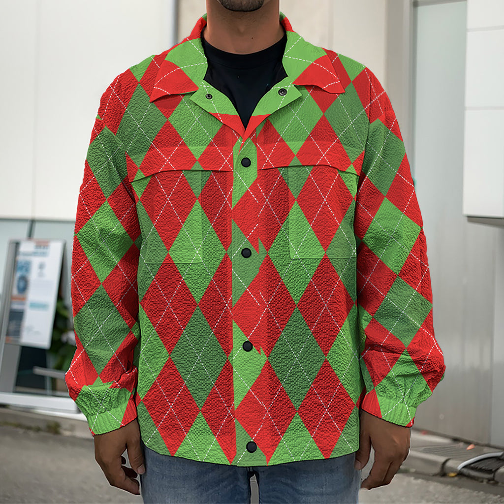 Green And Red Argyle Pattern Print Men's Shirt Jacket