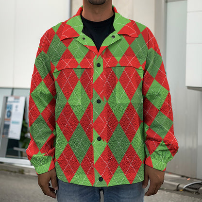 Green And Red Argyle Pattern Print Men's Shirt Jacket