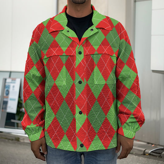 Green And Red Argyle Pattern Print Men's Shirt Jacket