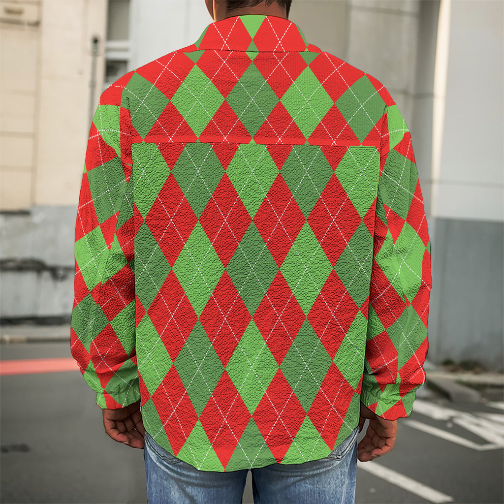 Green And Red Argyle Pattern Print Men's Shirt Jacket