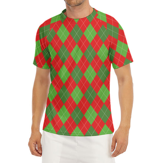 Green And Red Argyle Pattern Print Men's Short Sleeve Rash Guard