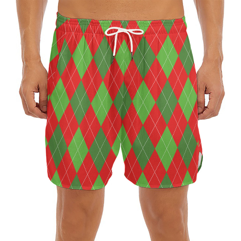 Green And Red Argyle Pattern Print Men's Split Running Shorts