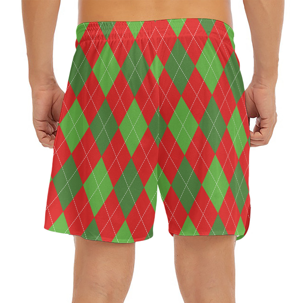 Green And Red Argyle Pattern Print Men's Split Running Shorts