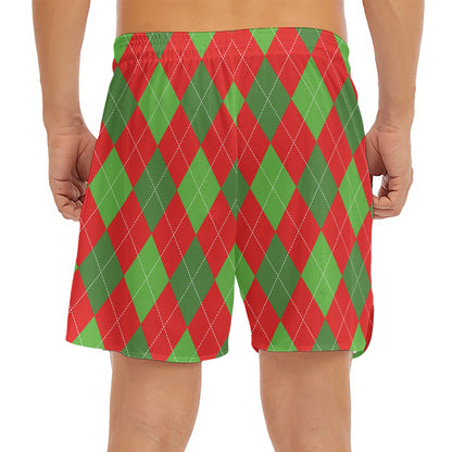 Green And Red Argyle Pattern Print Men's Split Running Shorts