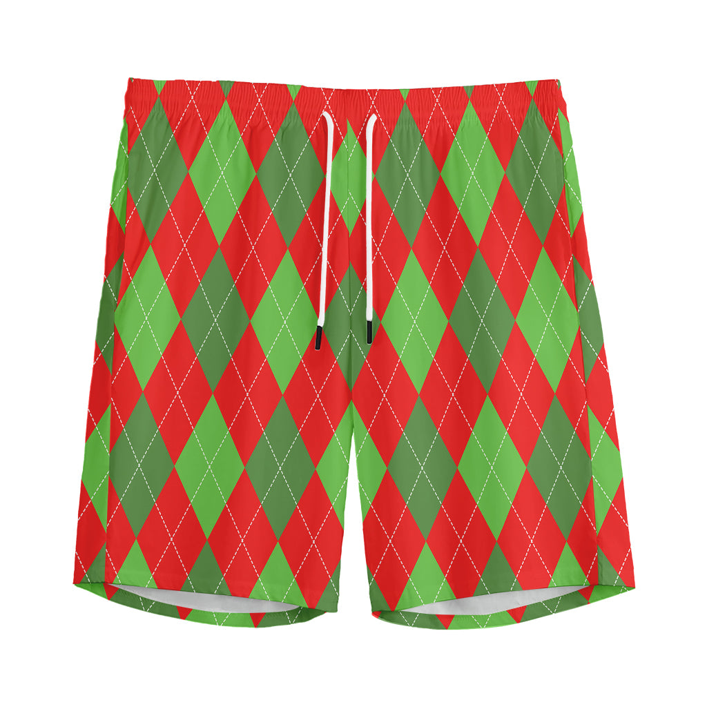 Green And Red Argyle Pattern Print Men's Sports Shorts
