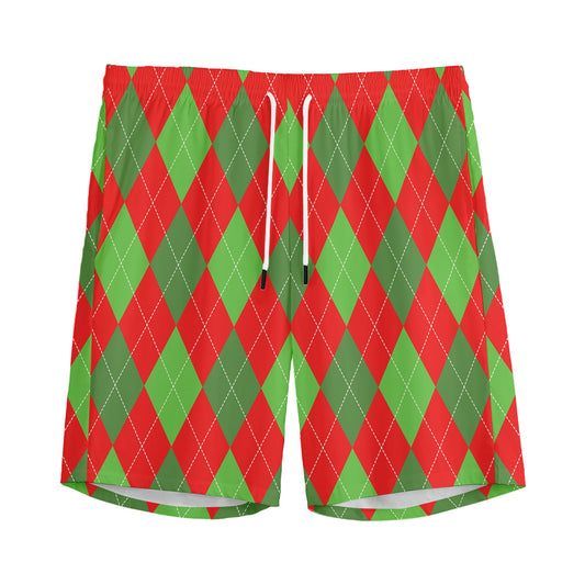 Green And Red Argyle Pattern Print Men's Sports Shorts