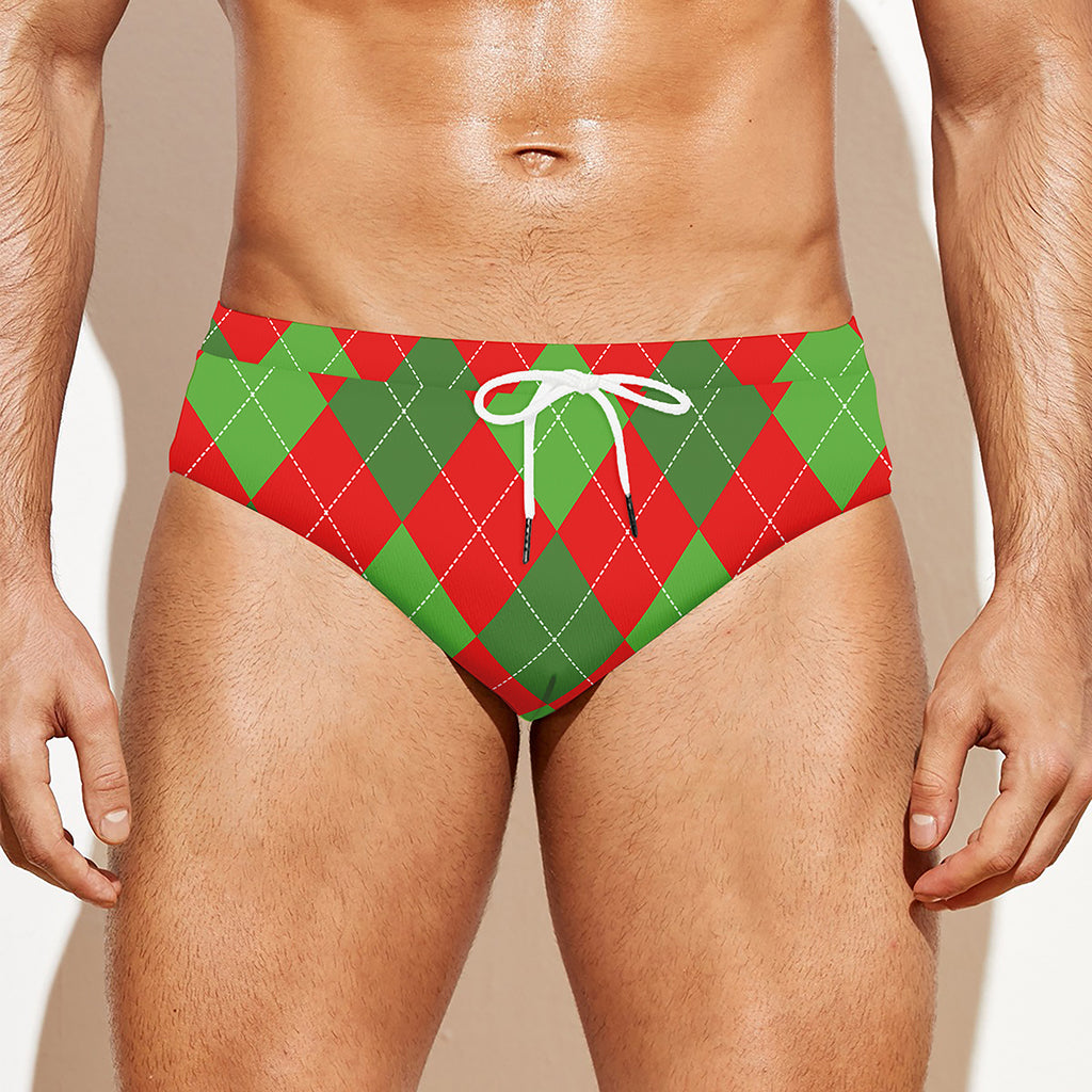 Green And Red Argyle Pattern Print Men's Swim Briefs
