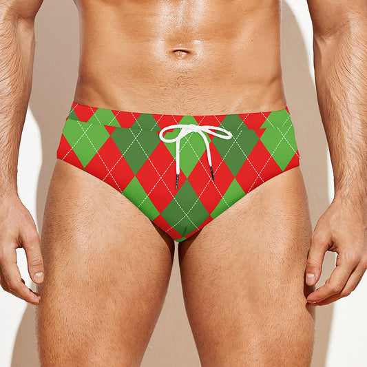Green And Red Argyle Pattern Print Men's Swim Briefs