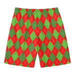 Green And Red Argyle Pattern Print Men's Swim Trunks