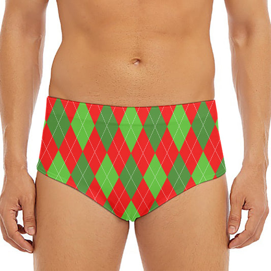 Green And Red Argyle Pattern Print Men's Triangle Swim Briefs