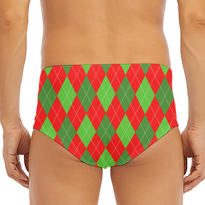 Green And Red Argyle Pattern Print Men's Triangle Swim Briefs