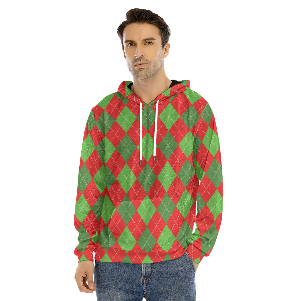 Green And Red Argyle Pattern Print Men's Velvet Pullover Hoodie