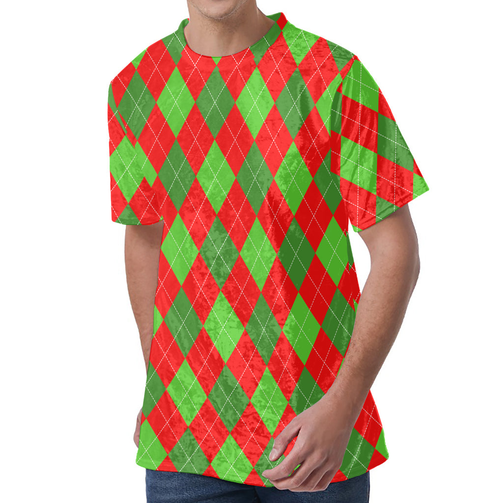 Green And Red Argyle Pattern Print Men's Velvet T-Shirt