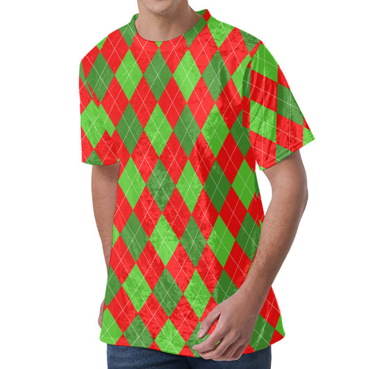 Green And Red Argyle Pattern Print Men's Velvet T-Shirt