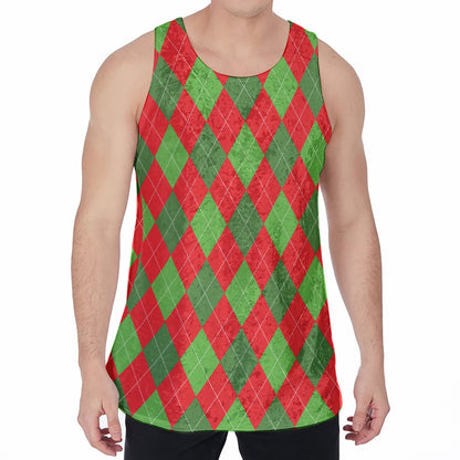 Green And Red Argyle Pattern Print Men's Velvet Tank Top