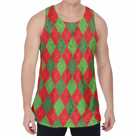 Green And Red Argyle Pattern Print Men's Velvet Tank Top