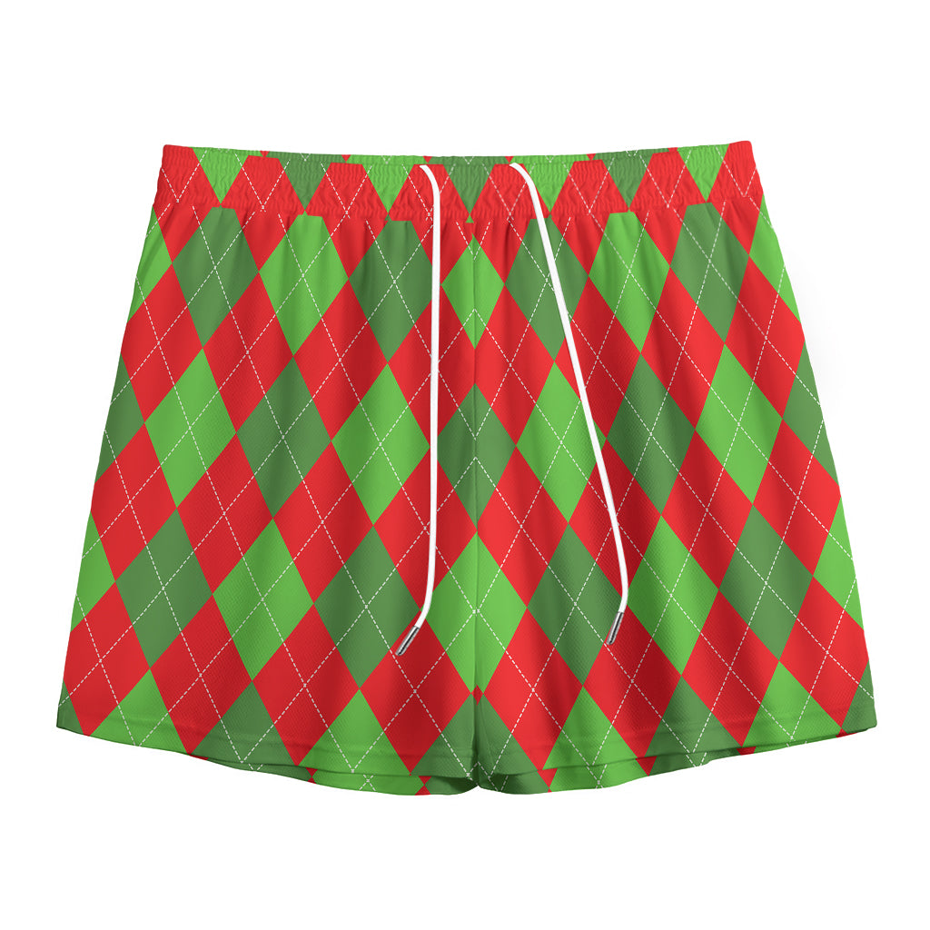 Green And Red Argyle Pattern Print Mesh Shorts
