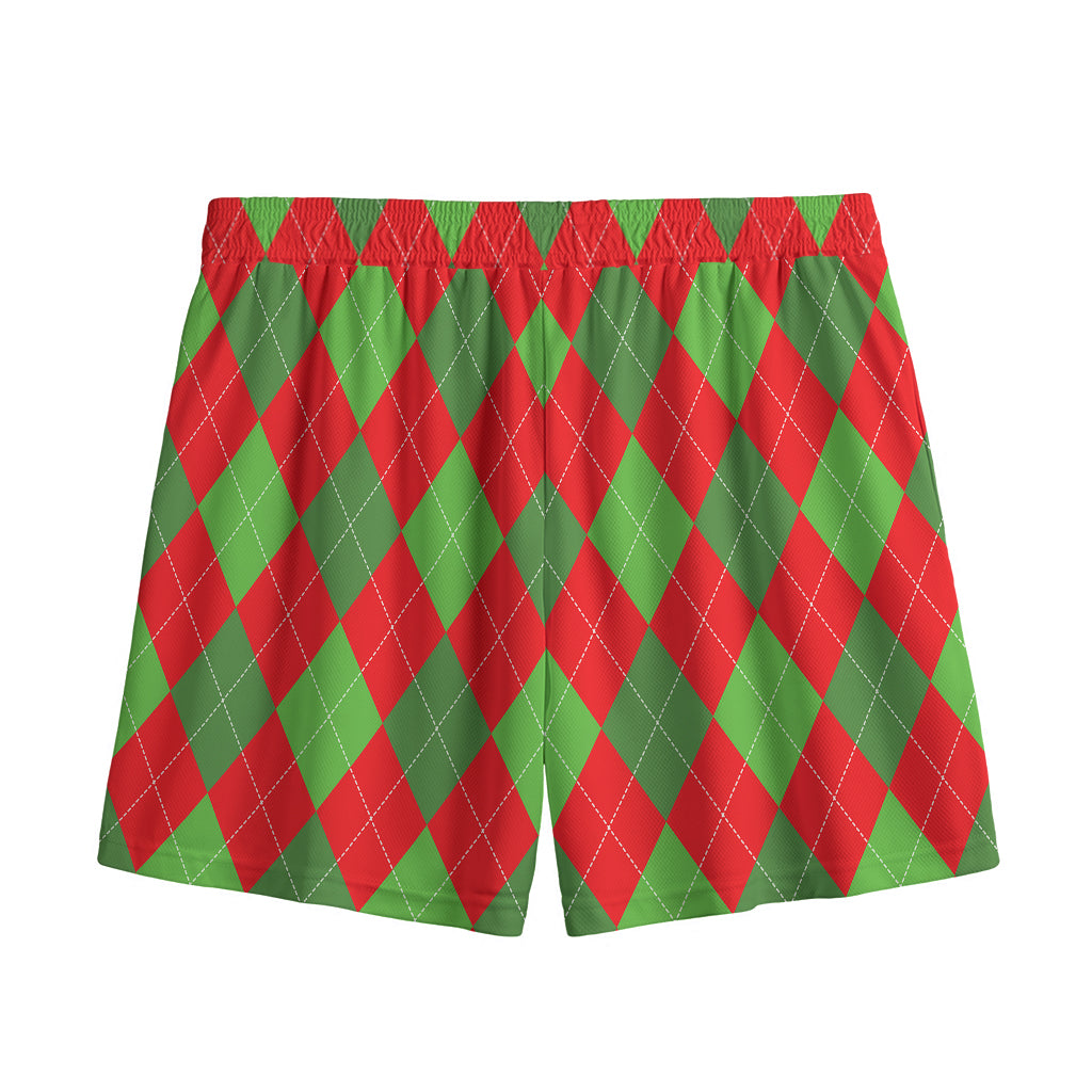 Green And Red Argyle Pattern Print Mesh Shorts