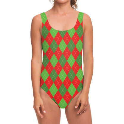 Green And Red Argyle Pattern Print One Piece Swimsuit