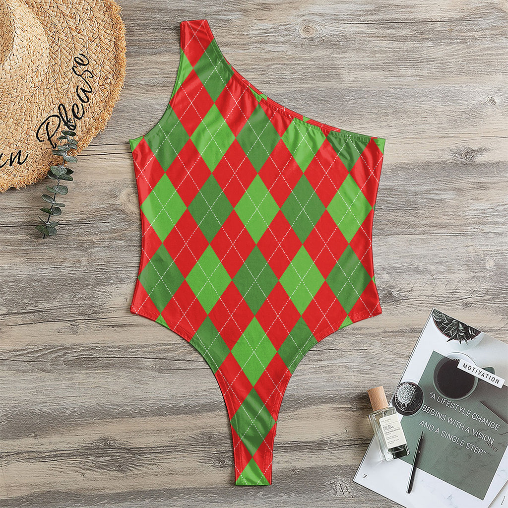 Green And Red Argyle Pattern Print One Shoulder Bodysuit