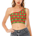 Green And Red Argyle Pattern Print One Shoulder Crop Top