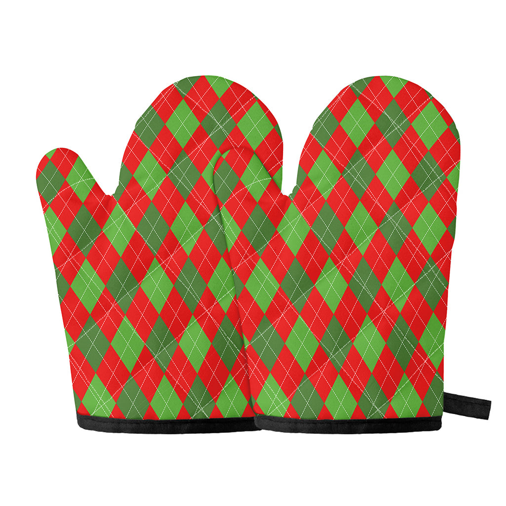 Green And Red Argyle Pattern Print Oven Mitts