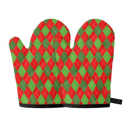 Green And Red Argyle Pattern Print Oven Mitts
