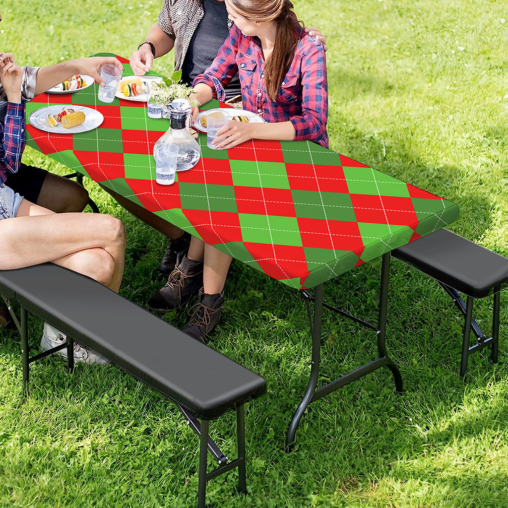 Green And Red Argyle Pattern Print Picnic Table Cover