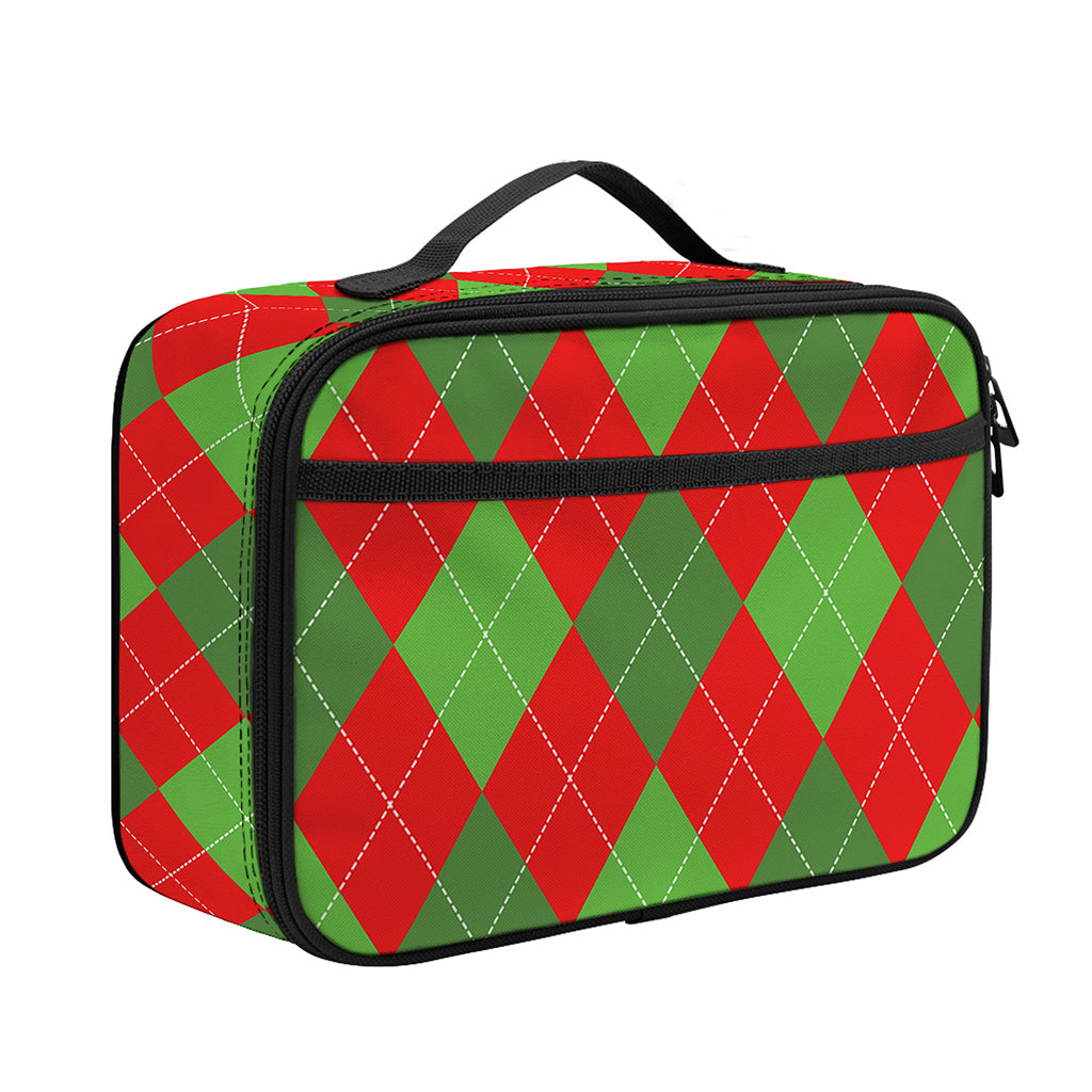Green And Red Argyle Pattern Print Portable Lunch Bag