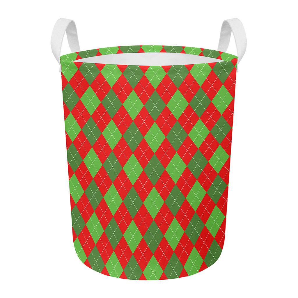 Green And Red Argyle Pattern Print Round Laundry Basket