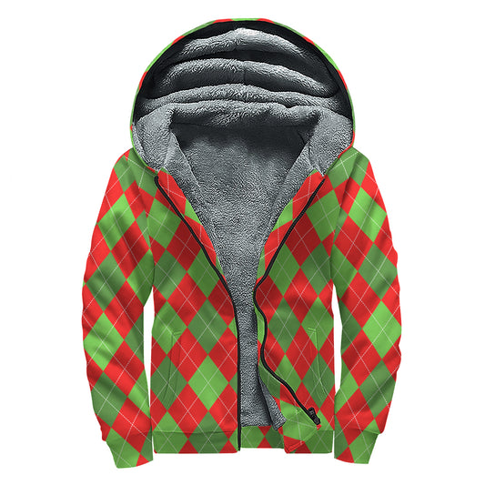 Green And Red Argyle Pattern Print Sherpa Lined Zip Up Hoodie