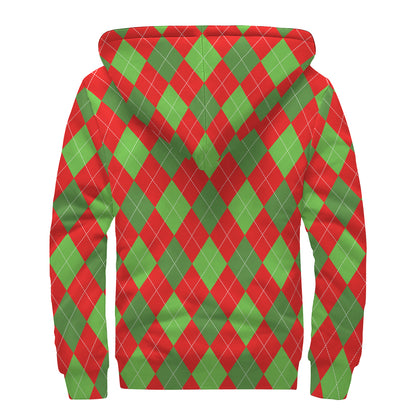 Green And Red Argyle Pattern Print Sherpa Lined Zip Up Hoodie