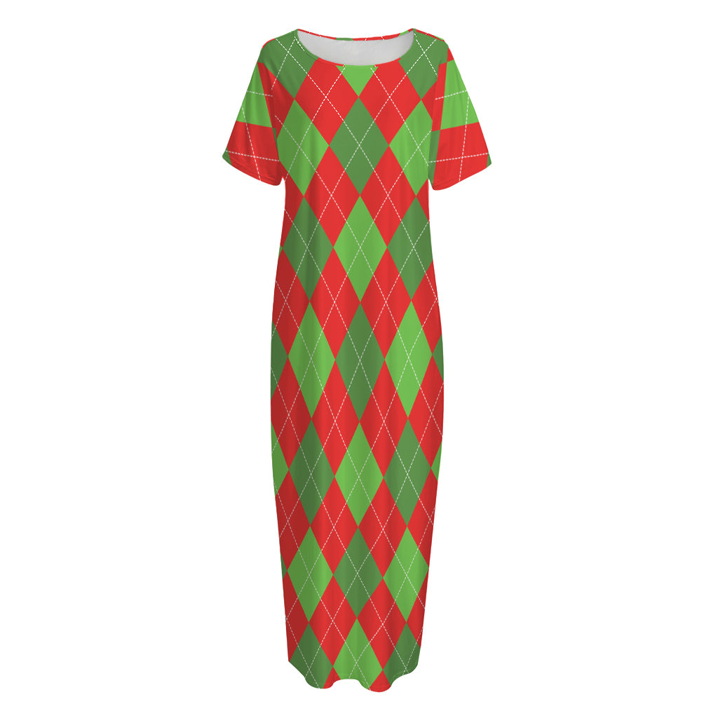 Green And Red Argyle Pattern Print Short Sleeve Long Nightdress