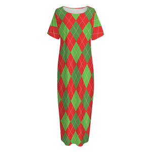 Green And Red Argyle Pattern Print Short Sleeve Long Nightdress