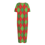 Green And Red Argyle Pattern Print Short Sleeve Long Nightdress