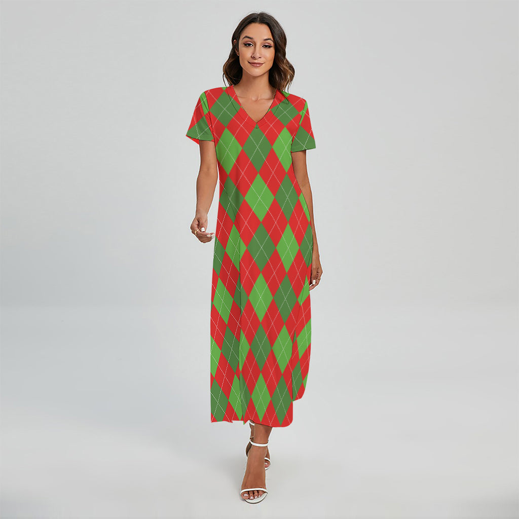 Green And Red Argyle Pattern Print Short Sleeve Maxi Dress