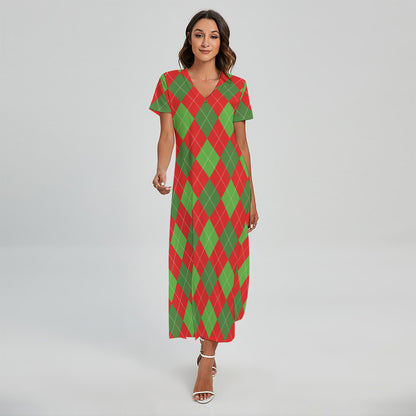 Green And Red Argyle Pattern Print Short Sleeve Maxi Dress